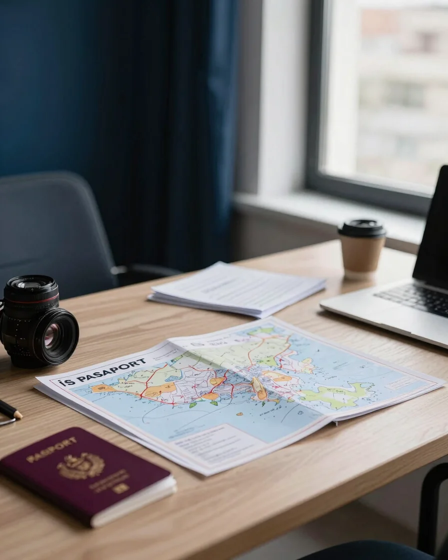 Modern ofis ortamında masada pasaportlar, iş sözleşmeleri ve hari