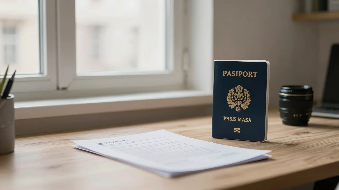 Modern ofis masasında pasaport ve şirket logosu olan evraklar, soft pencere ışığı.
