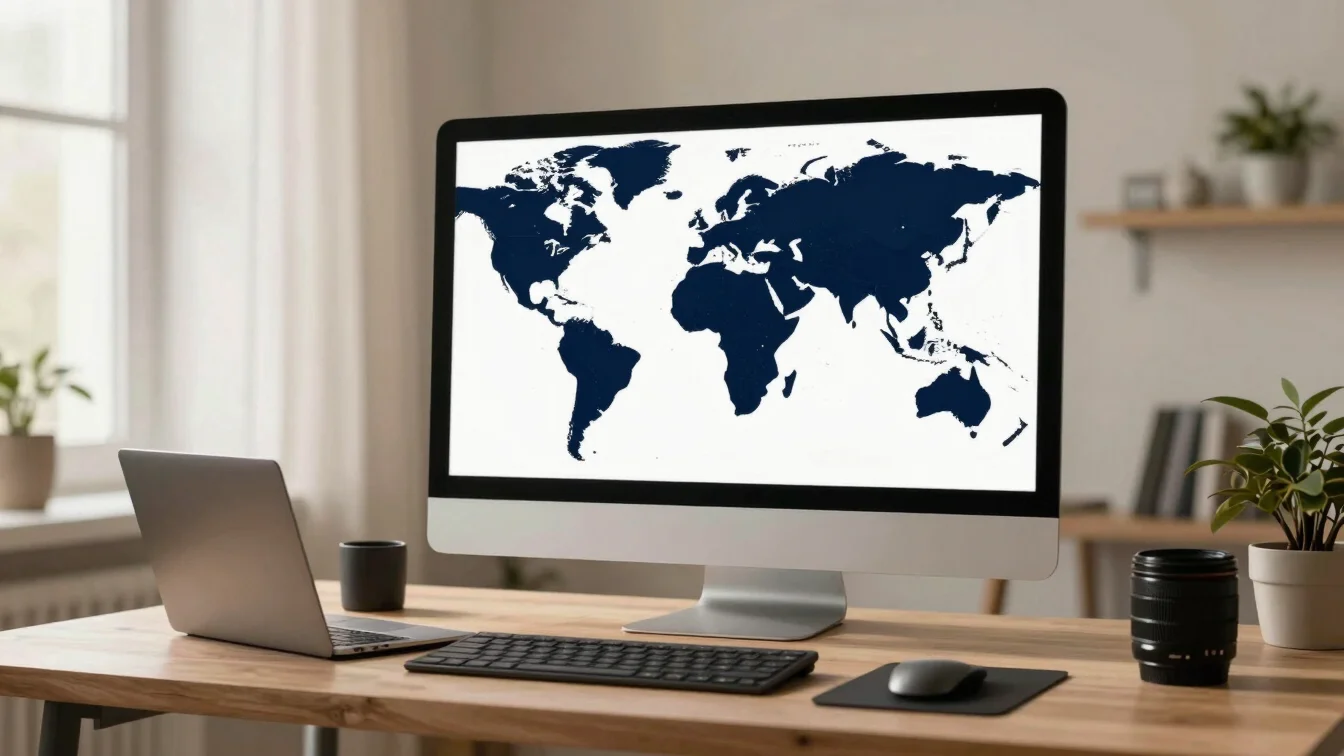 Bir harita üzerinde işaretlenmiş global iş merkezleri, elinde tablet tutan bir iş insanı silüeti, soft ışık.