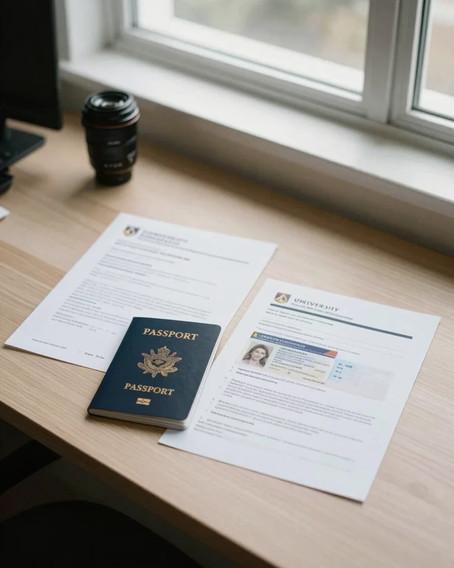 Passport, official university acceptance letter, and study visa application forms neatly arranged on a modern office des