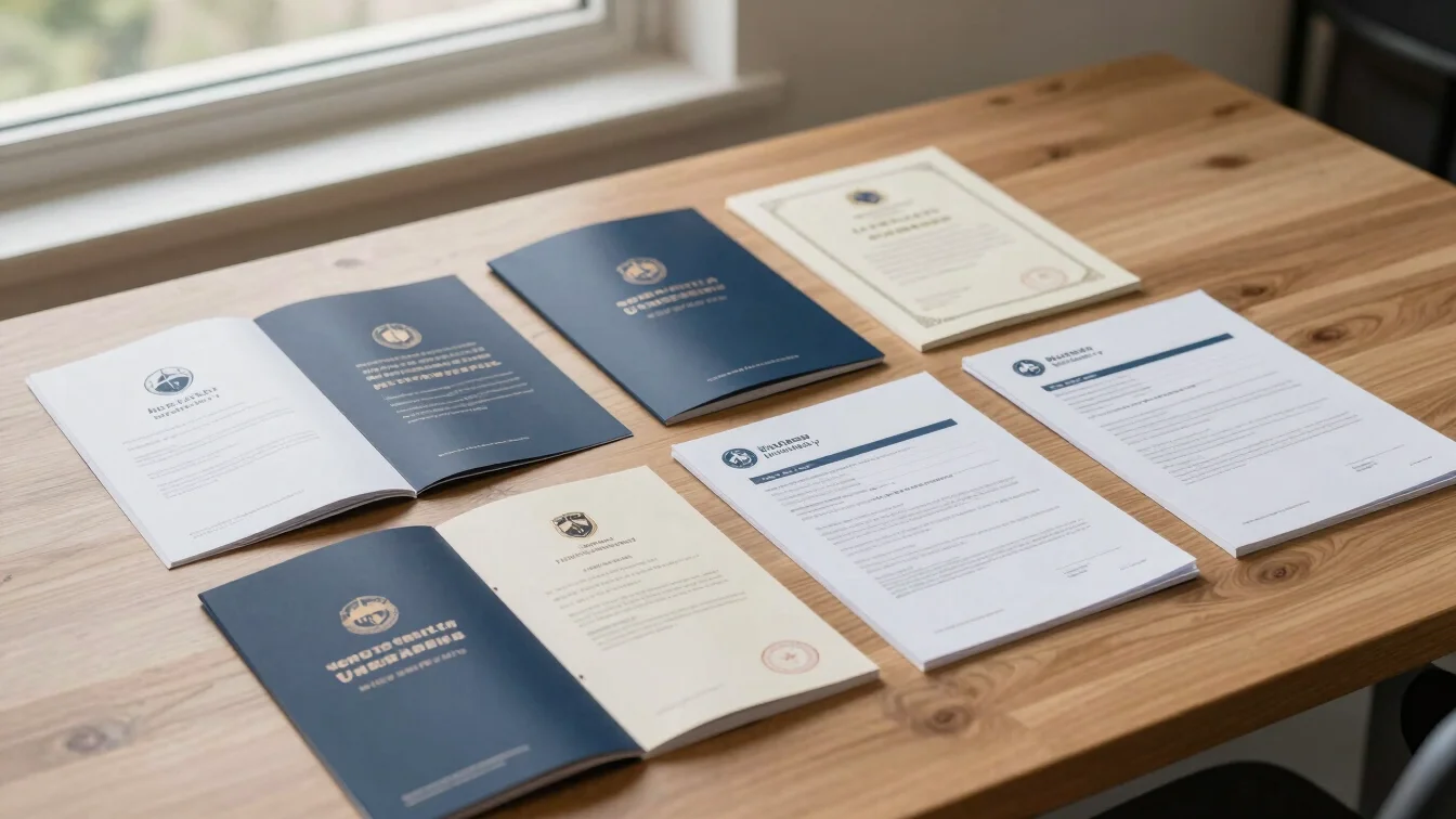 Modern university brochure, academic certificates, and official application papers neatly arranged on a wooden desk