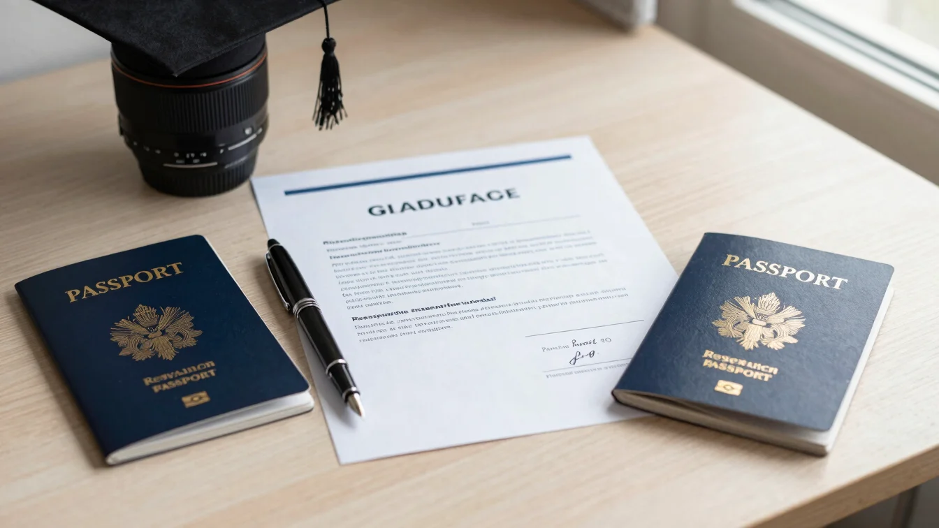 Graduation degree certificate and detailed research proposal outline placed beside a fountain pen and passport