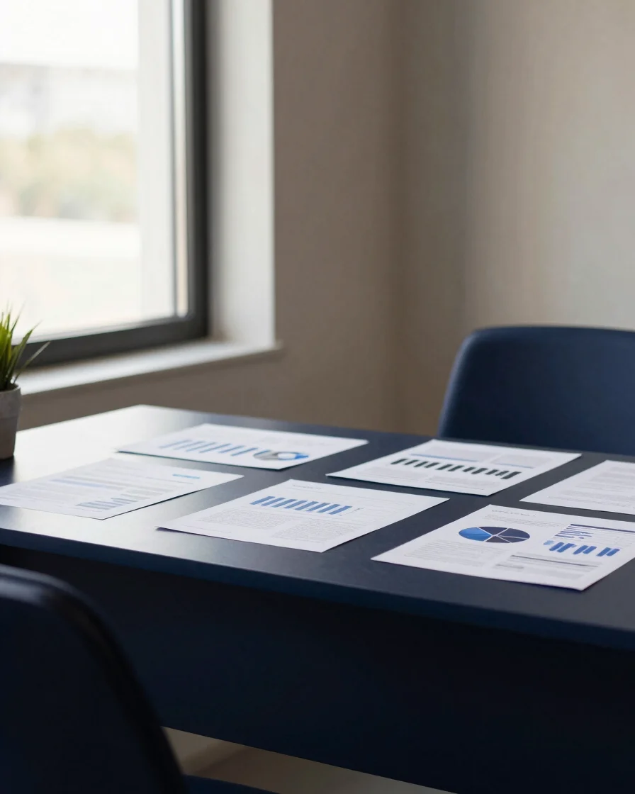 Clean desk setup with project proposal documents, analytical repo