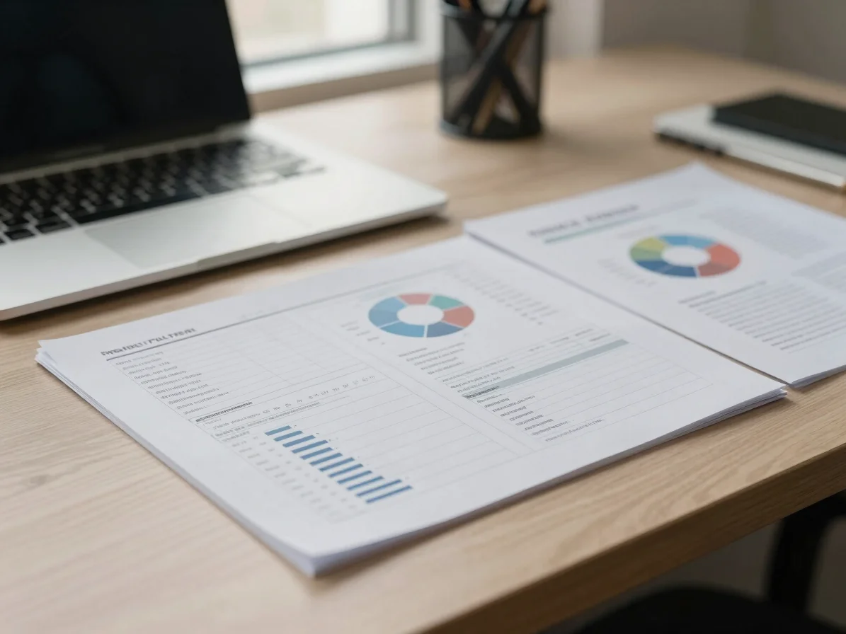 Close-up of project planning documents with charts and structured layout notes on a quiet desk