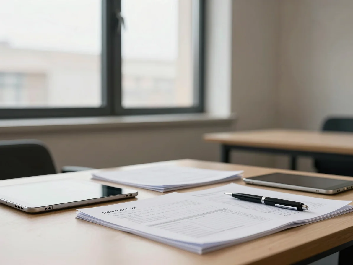 Financial planning papers with tablets and pens under soft window light in a corporate studio
