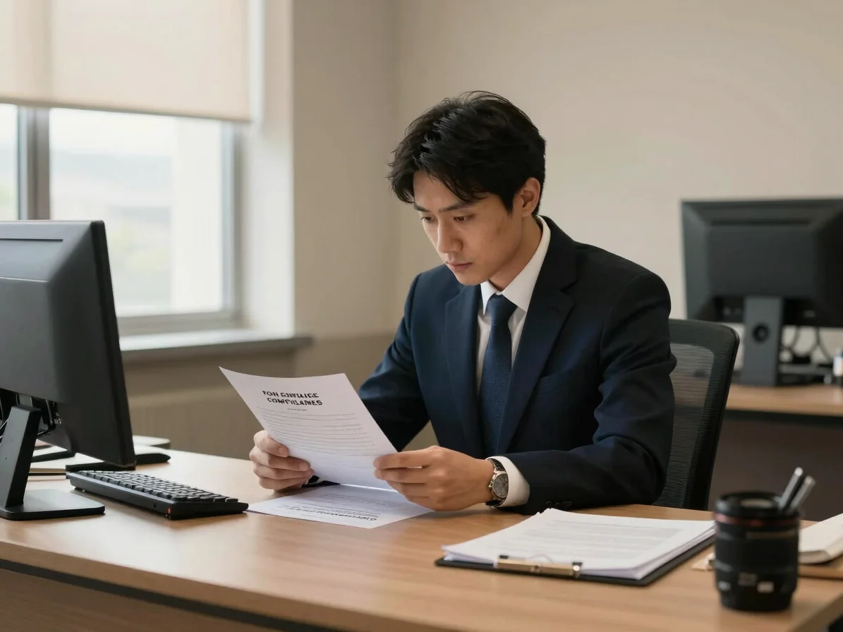 Professional reviewing formal compliance documents in a quiet, high-contrast office setting