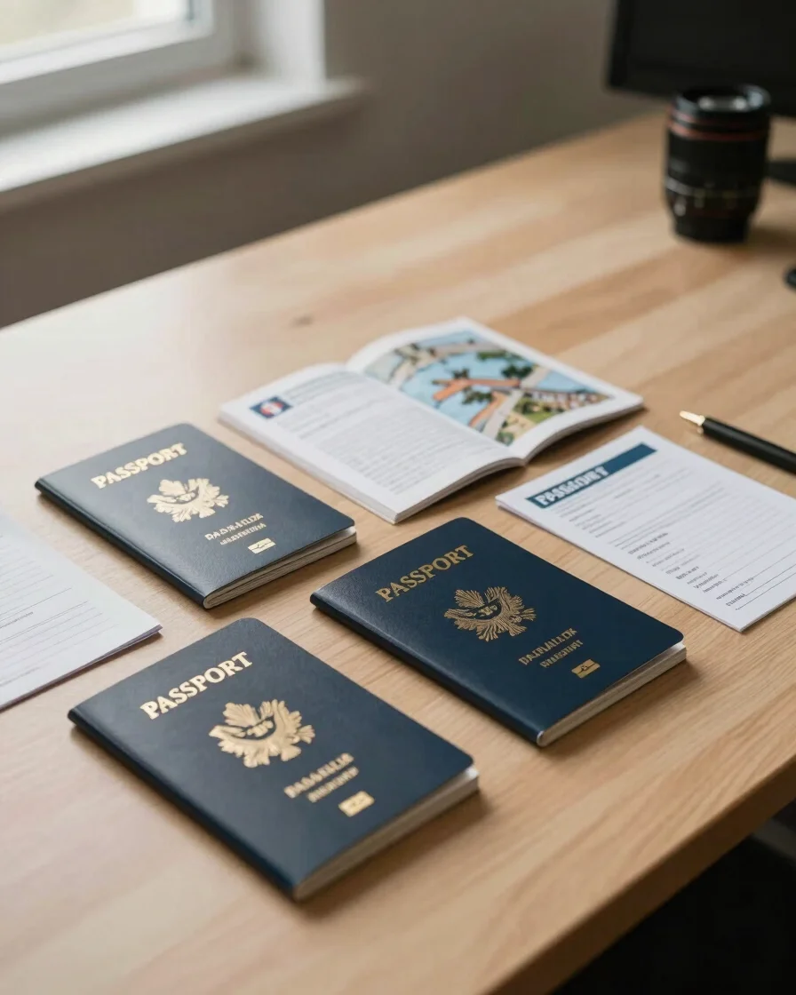 Warm editorial photograph of a passport and official travel documents neatly arranged on a clean wooden desk near soft w